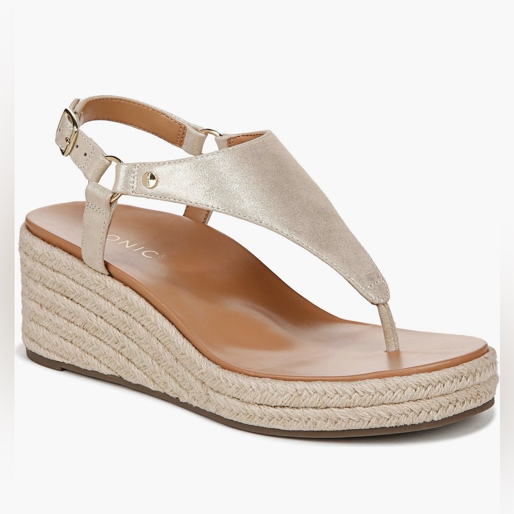 Vionic Kirra Metallic Cream Espadrille Wedge Thong Sandal